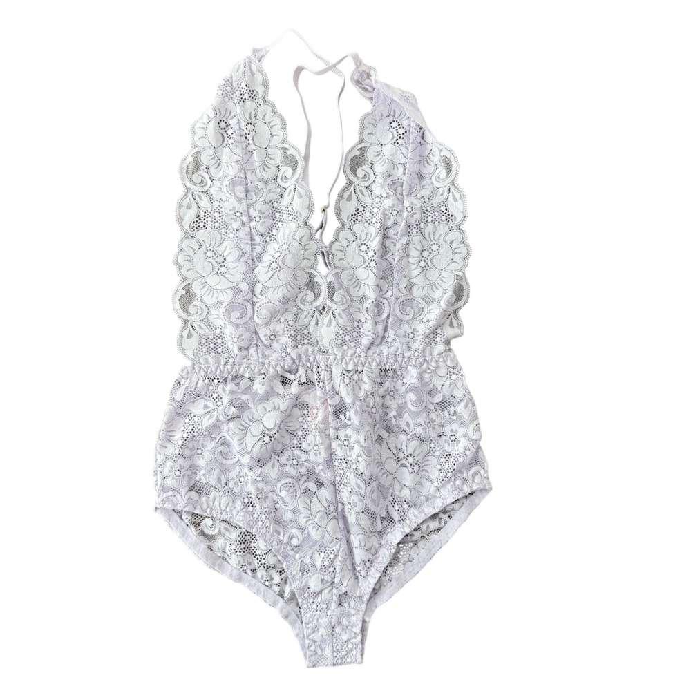We Are HAH Comin' In HAht Lavender Floral Lace Halter Bodysuit XS New 62416A